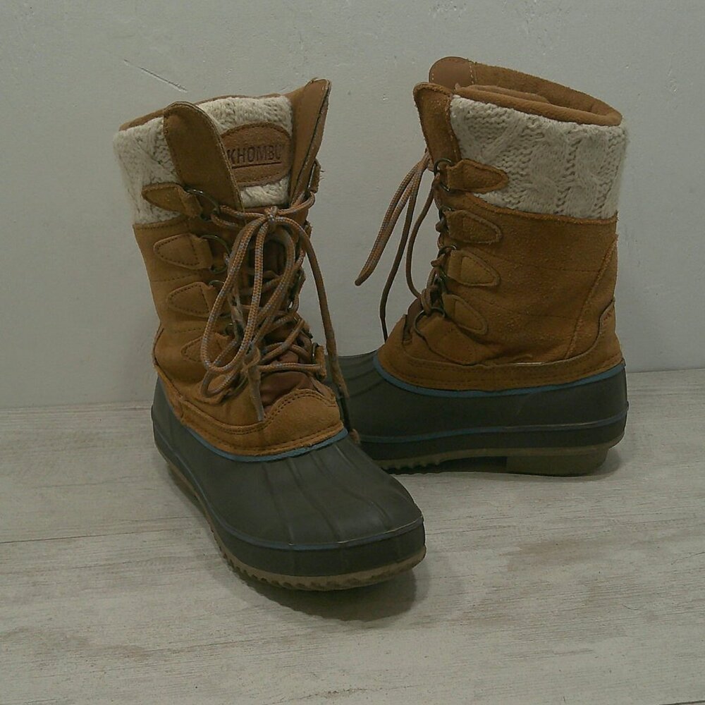 Khombu Cozy Top Sweater Knit Lined Tan Suede Waterproof Winter Snow Boots Size 7